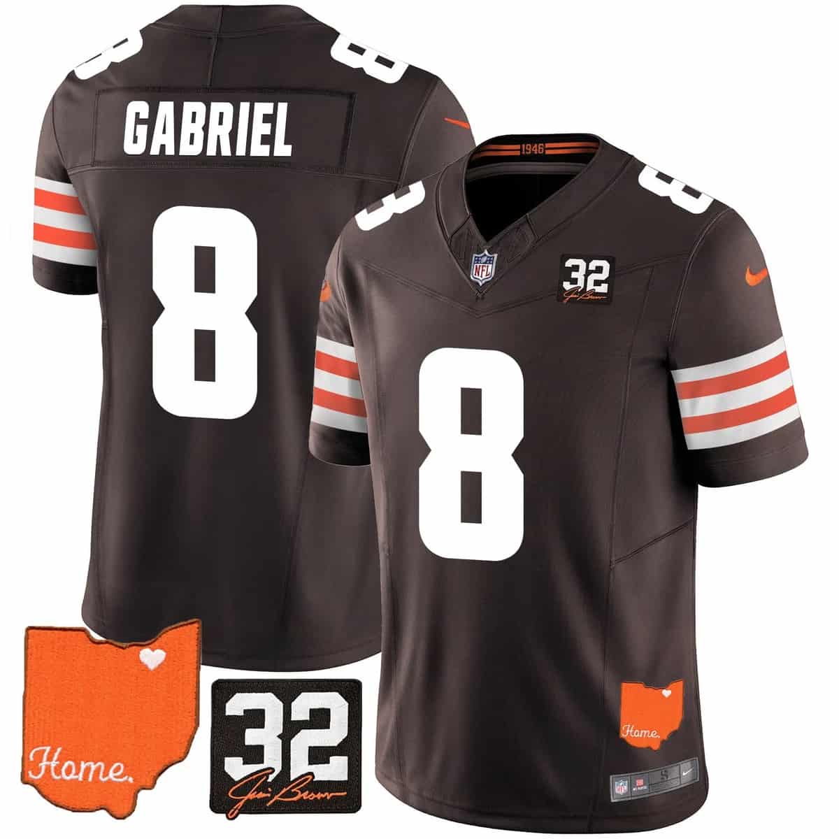 Personalized Men’s Cleveland Browns #32 Jim Brown Memorial & Home Patch Limited Jersey All Stitched Dillon Gabriel 8