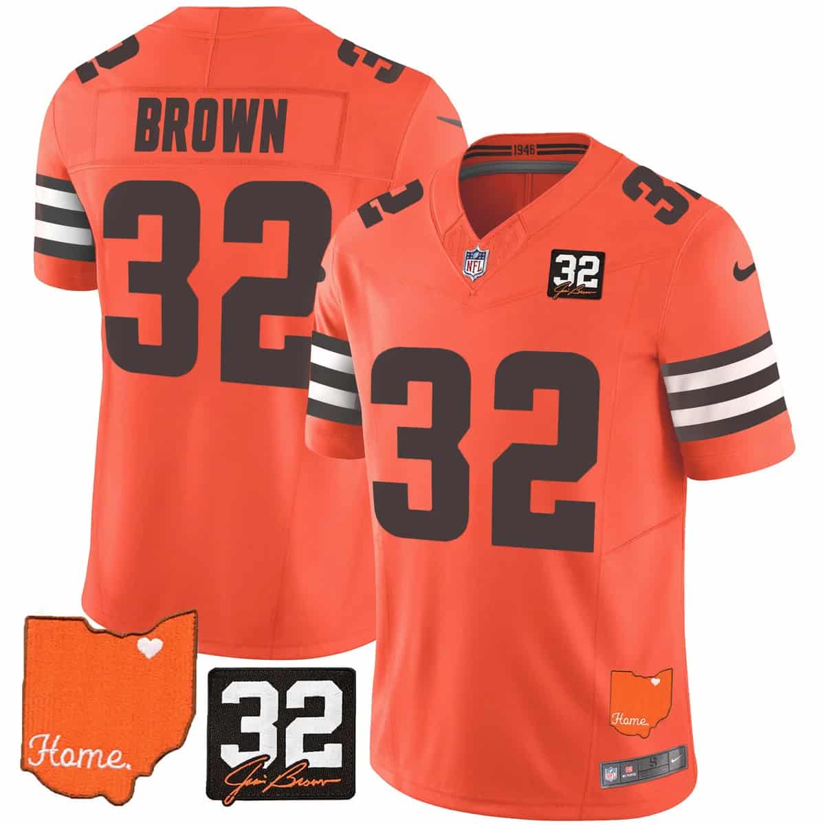 Personalized Men’s Cleveland Browns #32 Jim Brown Memorial & Home Patch Limited Jersey All Stitched Jim Brown 32