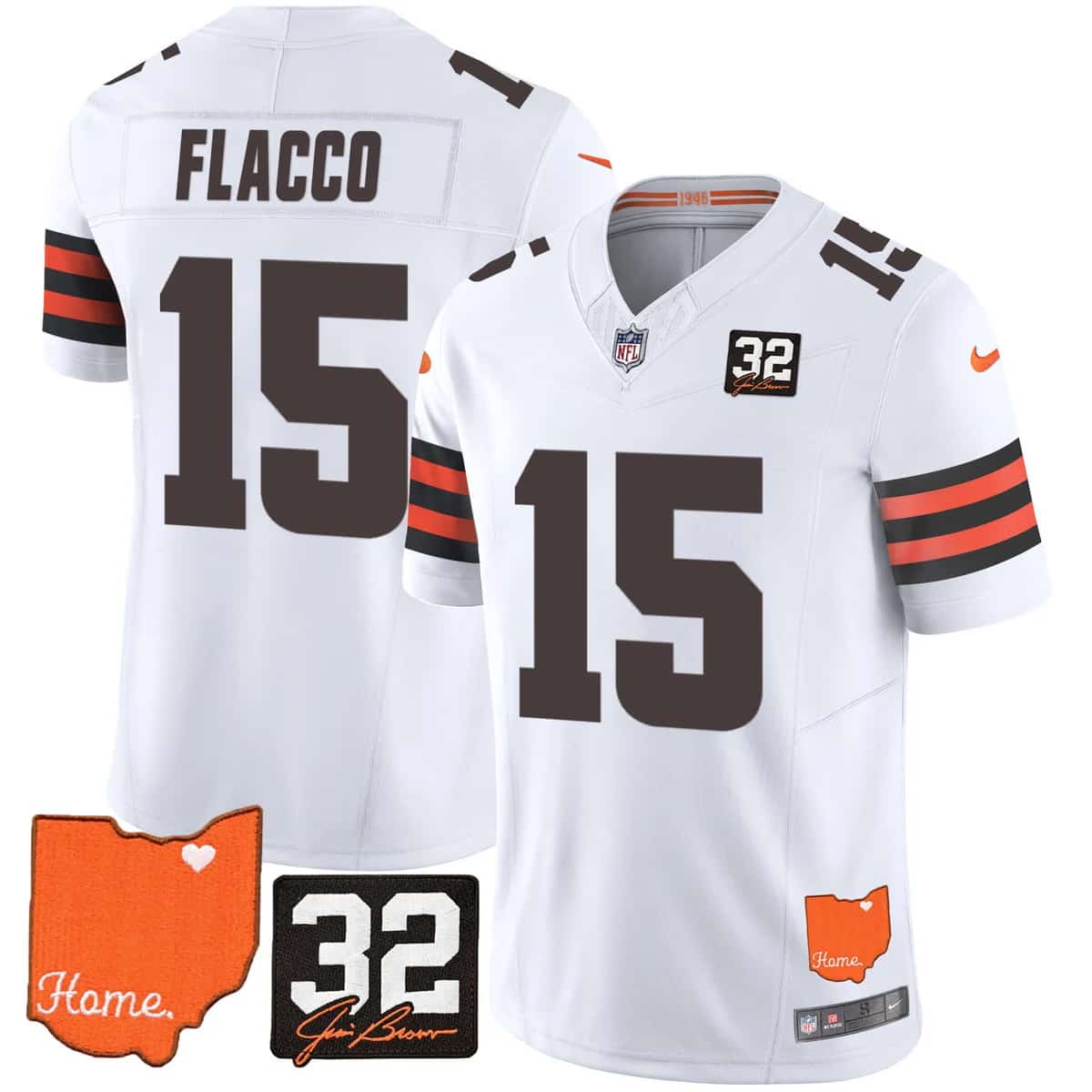 Personalized Men’s Cleveland Browns #32 Jim Brown Memorial & Home Patch Limited Jersey All Stitched Joe Flacco 15