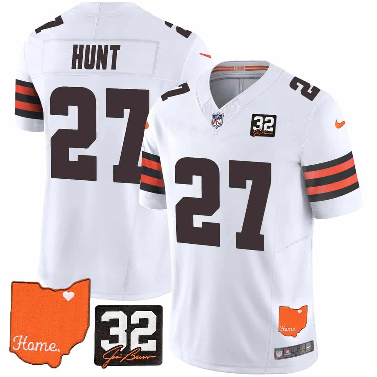 Personalized Men’s Cleveland Browns #32 Jim Brown Memorial & Home Patch Limited Jersey All Stitched Kareem Hunt 27
