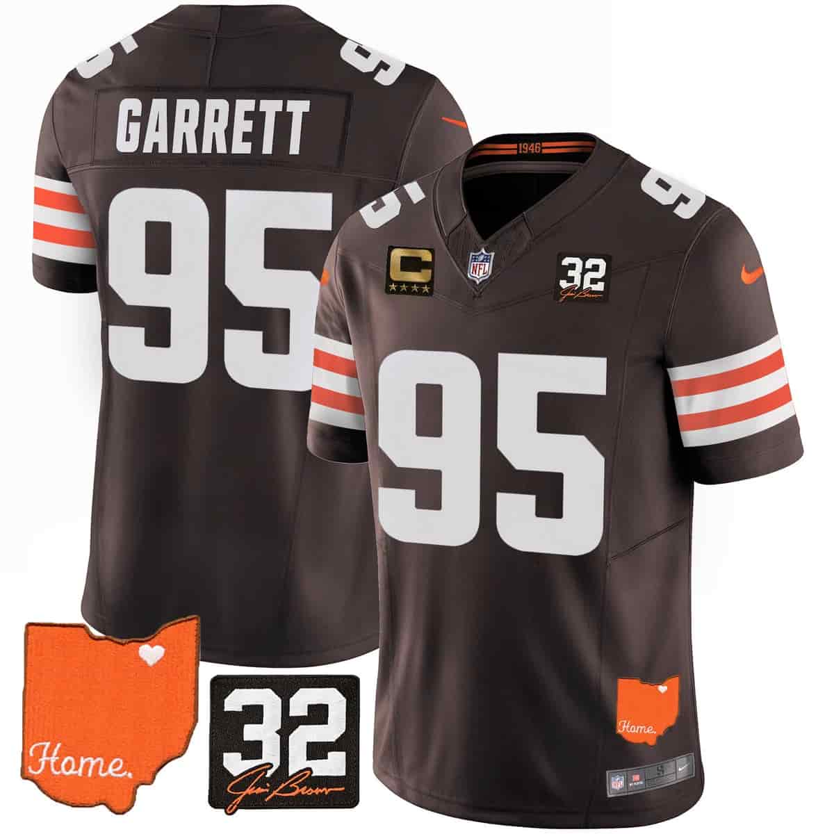 Personalized Men’s Cleveland Browns #32 Jim Brown Memorial & Home Patch Limited Jersey All Stitched Myles Garrett 95