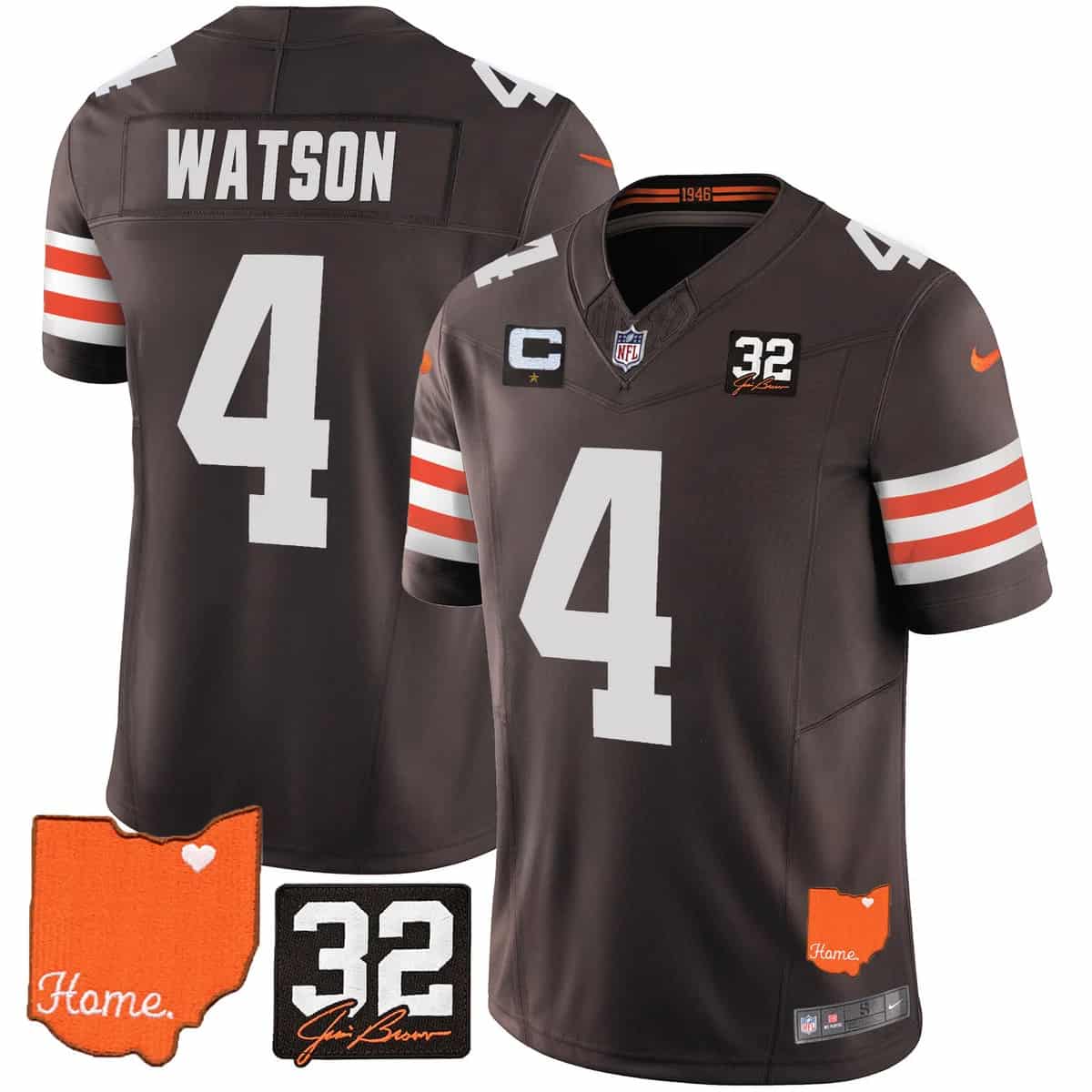 Personalized Men’s Cleveland Browns #32 Jim Brown Memorial & Home Patch Limited Jersey All Stitched Deshaun Watson 4