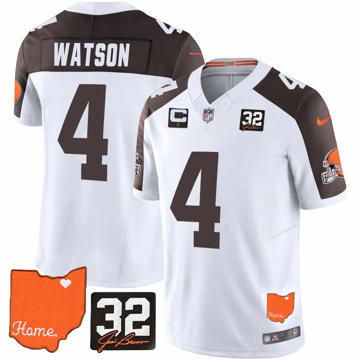 Personalized Men’s Cleveland Browns #32 Jim Brown Memorial & Home Patch Limited Jersey All Stitched Deshaun Watson #4