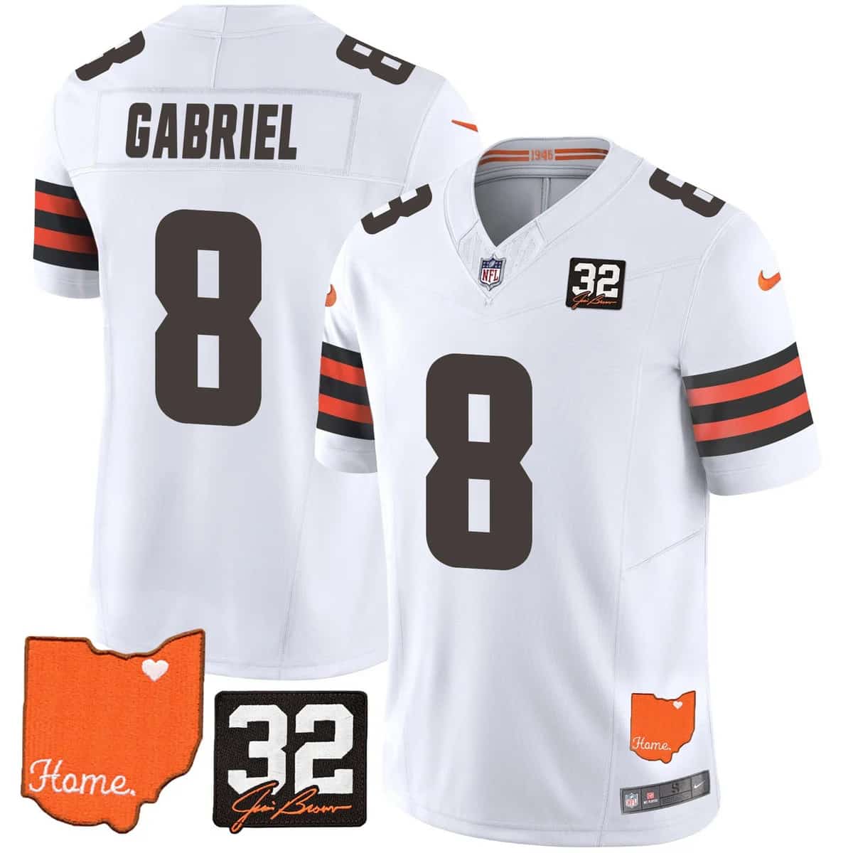 Personalized Men’s Cleveland Browns #32 Jim Brown Memorial & Home Patch Limited Jersey All Stitched Dillon Gabriel 8