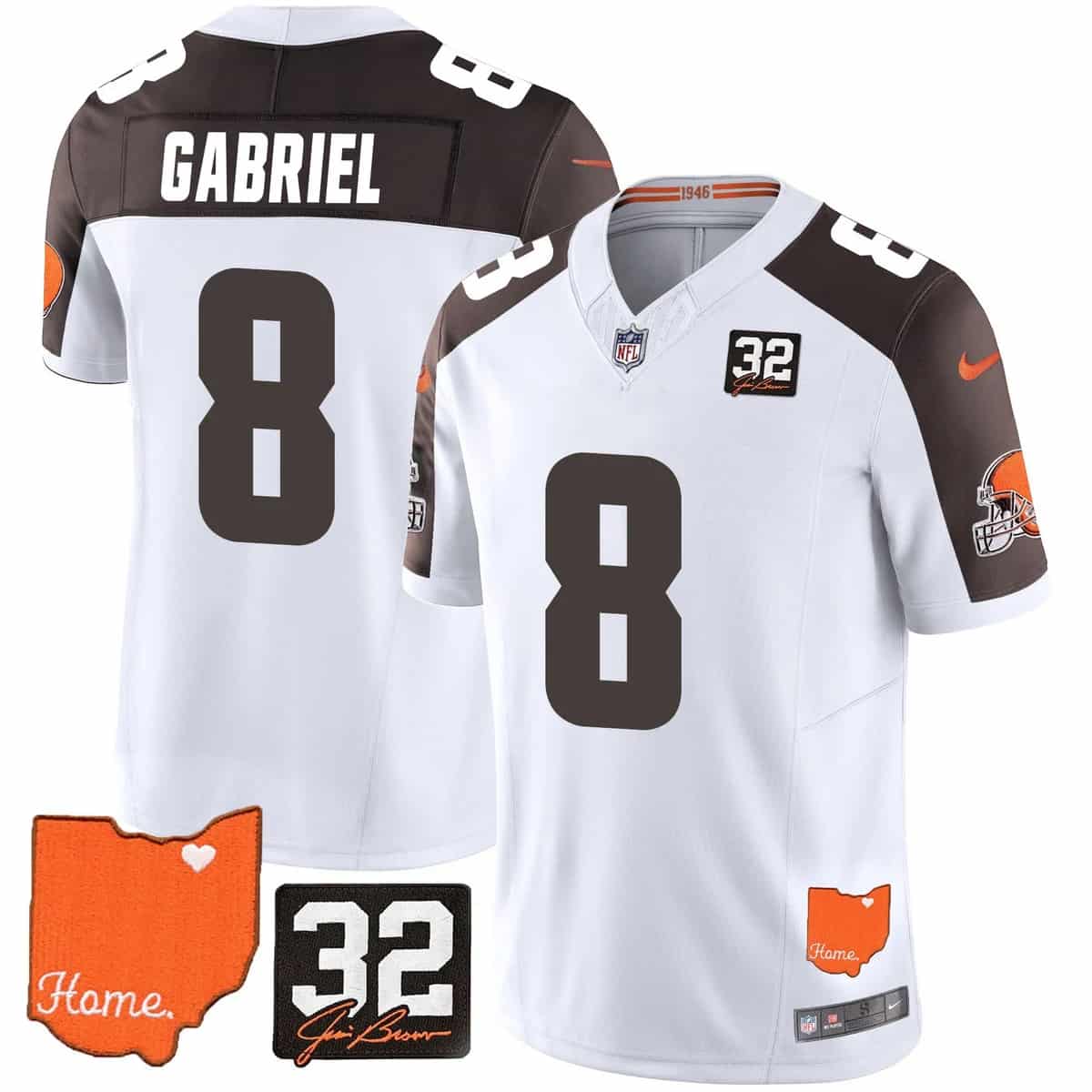 Personalized Men’s Cleveland Browns #32 Jim Brown Memorial & Home Patch Limited Jersey All Stitched Dillon Gabriel #8