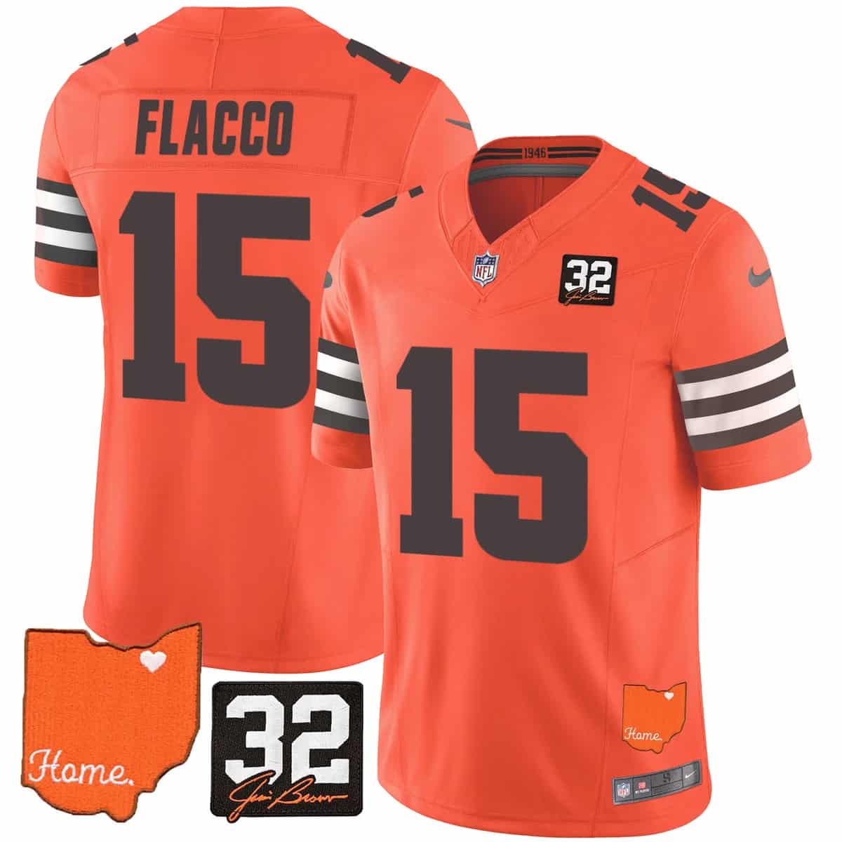 Personalized Men’s Cleveland Browns #32 Jim Brown Memorial & Home Patch Limited Jersey All Stitched Joe Flacco 15