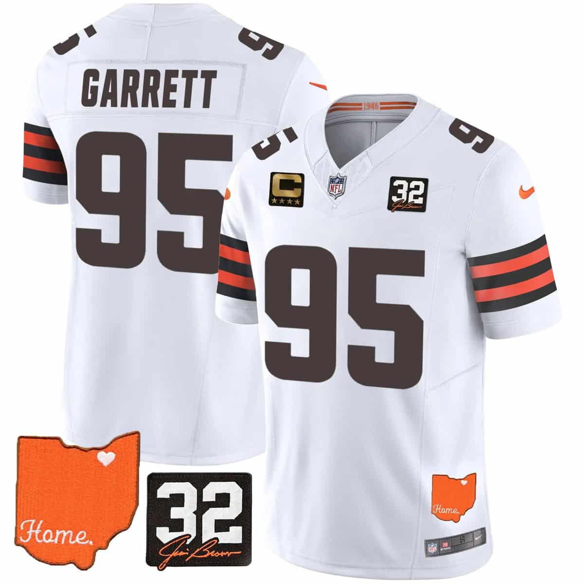 Personalized Men’s Cleveland Browns #32 Jim Brown Memorial & Home Patch Limited Jersey All Stitched Myles Garrett 95
