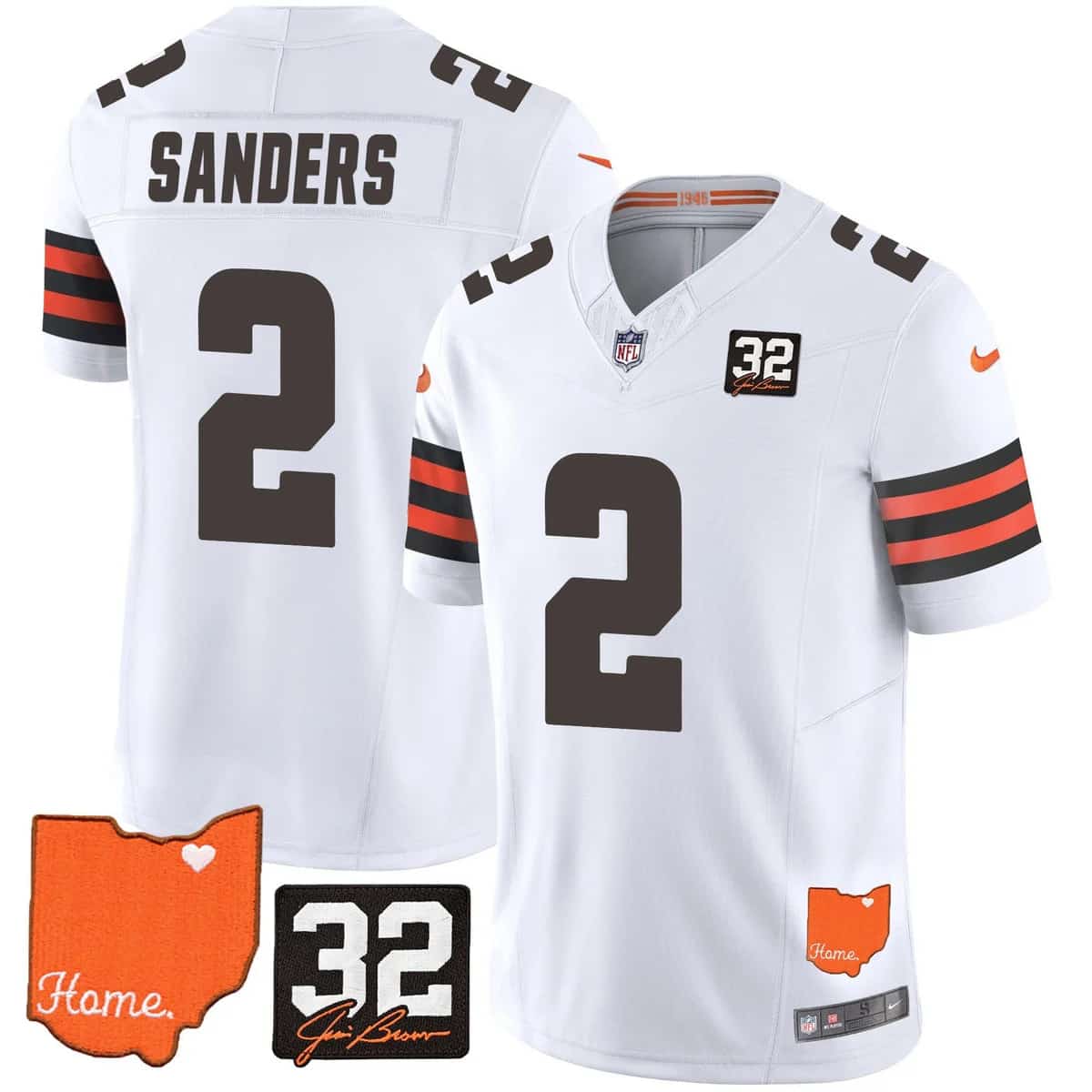 Personalized Men’s Cleveland Browns #32 Jim Brown Memorial & Home Patch Limited Jersey All Stitched Shedeur Sanders #2