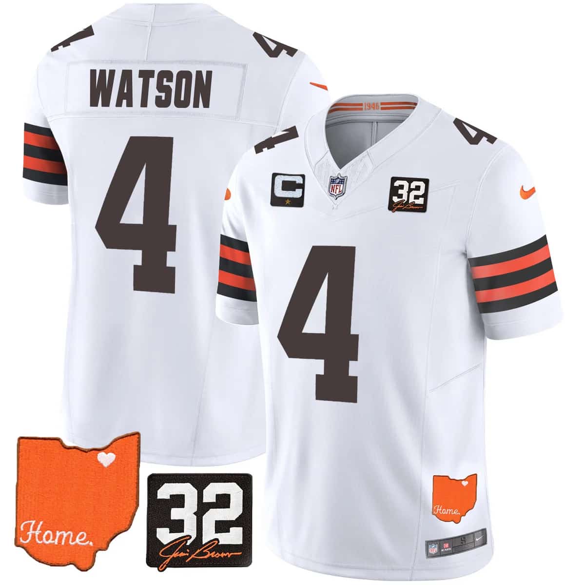 Personalized Men’s Cleveland Browns #32 Jim Brown Memorial & Home Patch Limited Jersey All Stitched Deshaun Watson 4