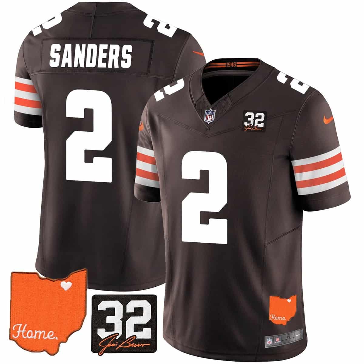 Personalized Men’s Cleveland Browns #32 Jim Brown Memorial & Home Patch Limited Jersey All Stitched Shedeur Sanders #2