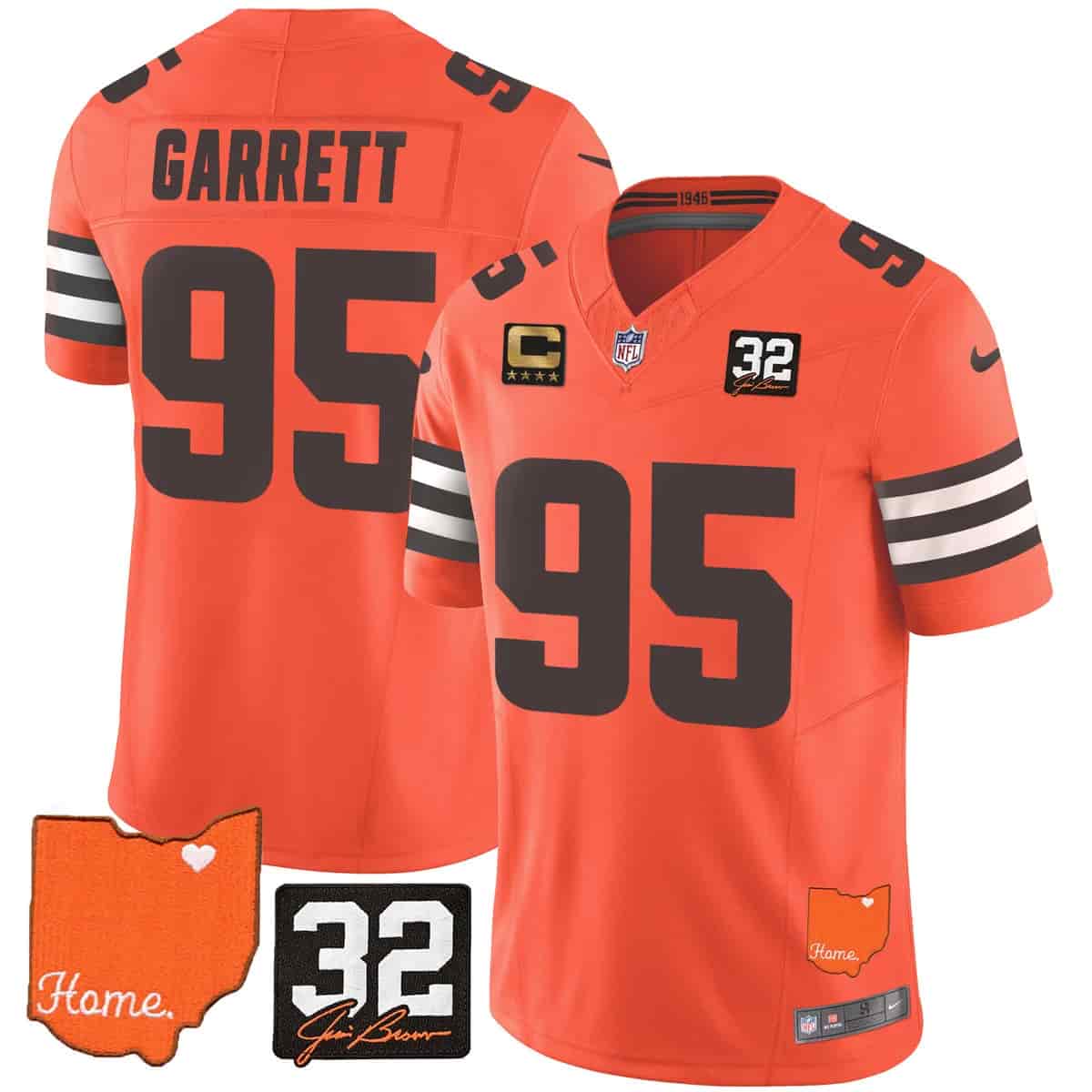 Personalized Men’s Cleveland Browns #32 Jim Brown Memorial & Home Patch Limited Jersey All Stitched Myles Garrett 95