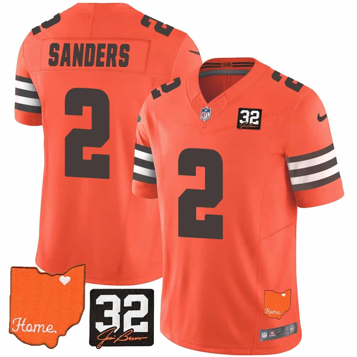 Personalized Men’s Cleveland Browns #32 Jim Brown Memorial & Home Patch Limited Jersey All Stitched Shedeur Sanders #2