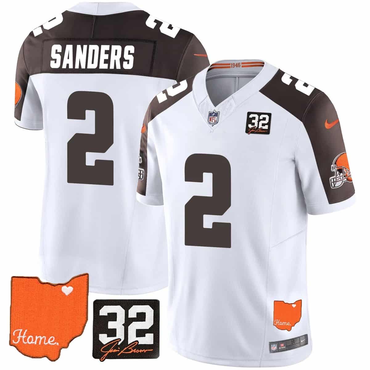 Personalized Men’s Cleveland Browns #32 Jim Brown Memorial & Home Patch Limited Jersey All Stitched Shedeur Sanders #2