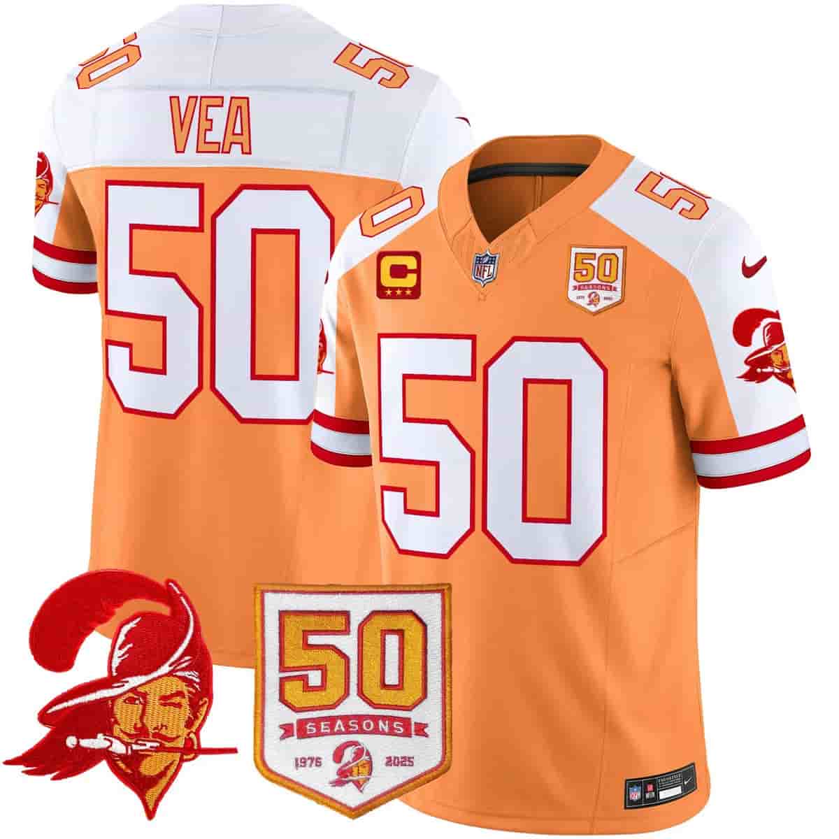 Personalized Men’s Tampa Bay Buccaneers Throwback 50th Season Patch Limited Jersey All Stitched Vita Vea 50