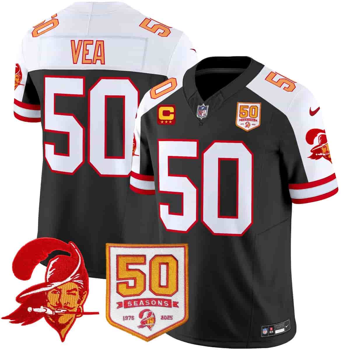 Personalized Men’s Tampa Bay Buccaneers Throwback 50th Season Patch Limited Jersey All Stitched Vita Vea 50