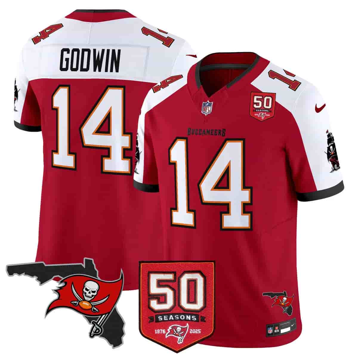 Personalized Men’s Tampa Bay Buccaneers Throwback 50th Season Patch Limited Jersey All Stitched Chris Godwin14
