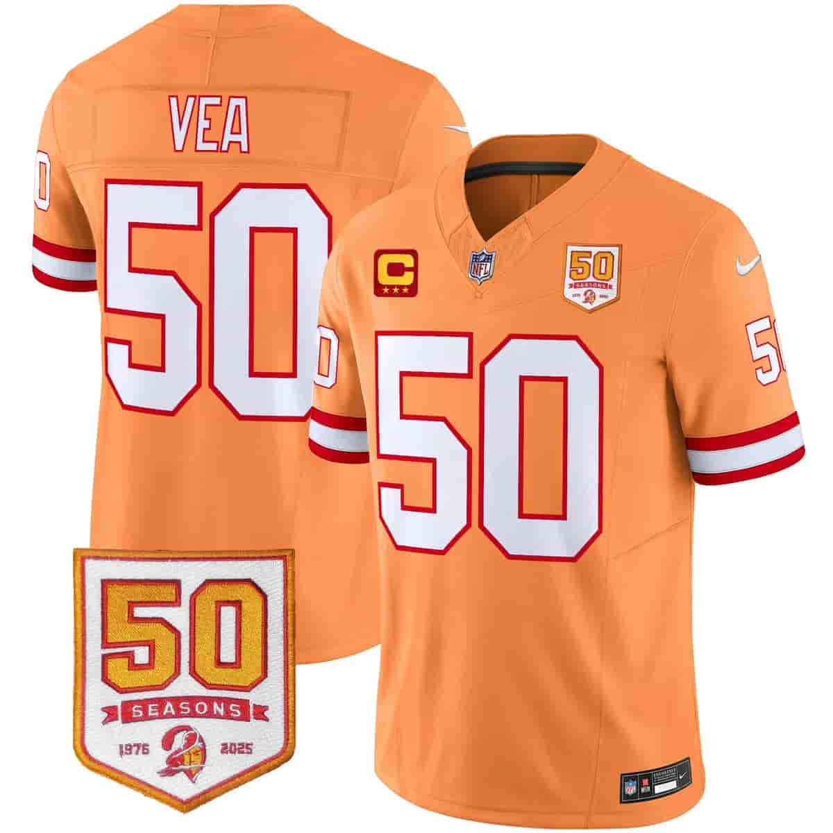 Personalized Men’s Tampa Bay Buccaneers Throwback 50th Season Patch Limited Jersey All Stitched Vita Vea #.50