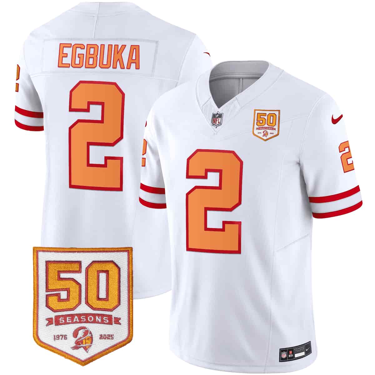Personalized Men’s Tampa Bay Buccaneers Throwback 50th Season Patch Limited Jersey All Stitched Emeka Egbuka #2