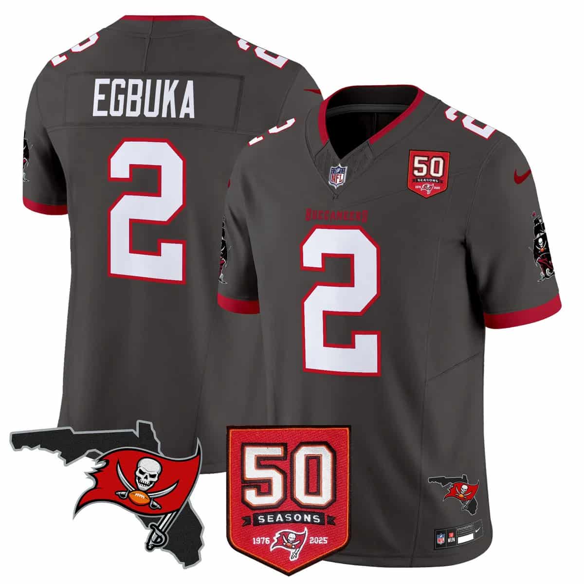 Personalized Men’s Tampa Bay Buccaneers Throwback 50th Season Patch Limited Jersey All Stitched Emeka Egbuka -2