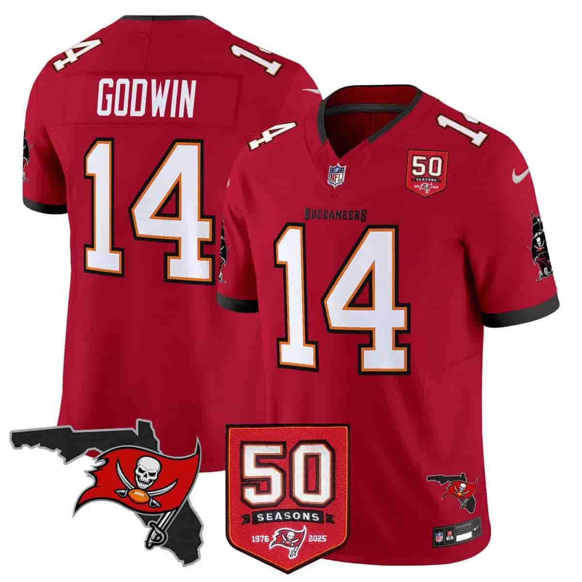 Personalized Men’s Tampa Bay Buccaneers Throwback 50th Season Patch Limited Jersey All Stitched Chris Godwin 14