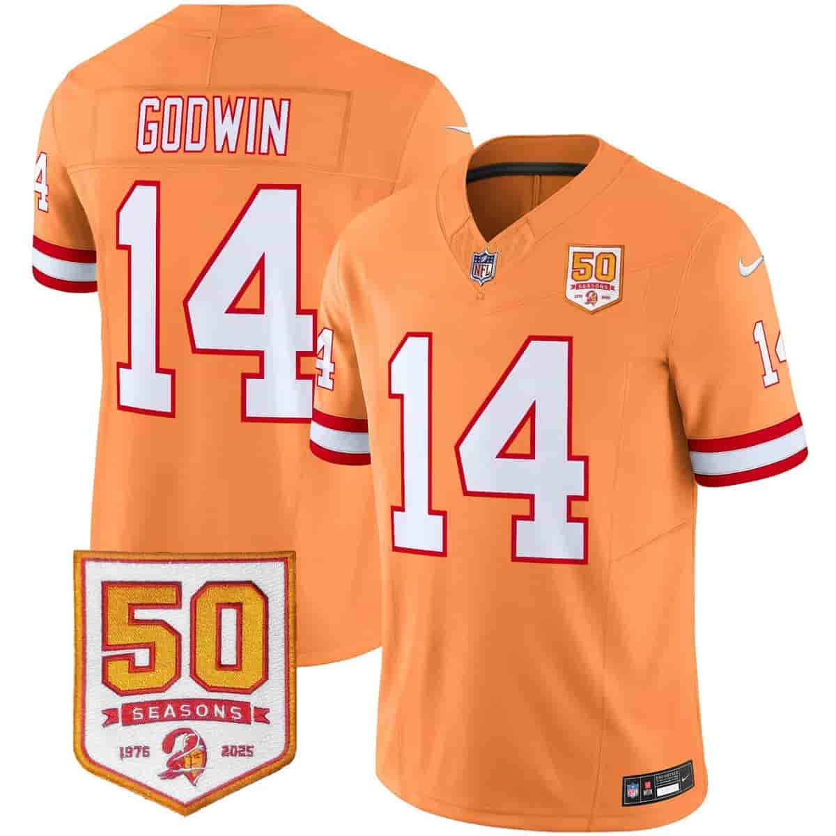 Personalized Men’s Tampa Bay Buccaneers Throwback 50th Season Patch Limited Jersey All Stitched Chris Godwin #14