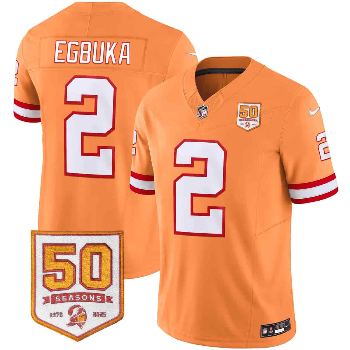 Personalized Men’s Tampa Bay Buccaneers Throwback 50th Season Patch Limited Jersey All Stitched Emeka Egbuka #2