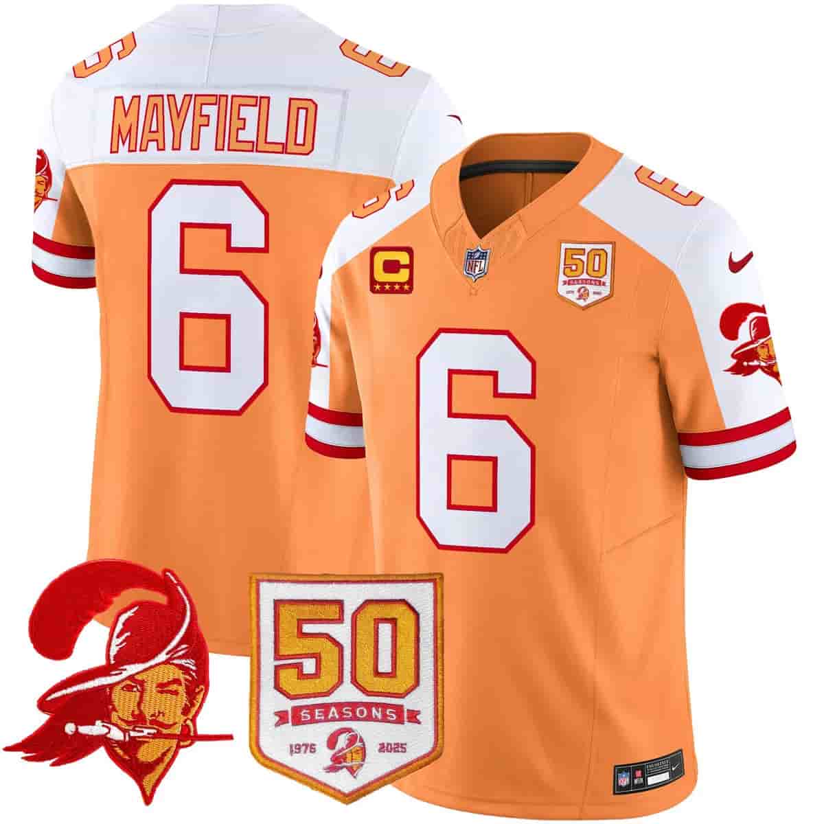 Personalized Men’s Tampa Bay Buccaneers Throwback 50th Season Patch Limited Jersey All Stitched Baker Mayfield #6
