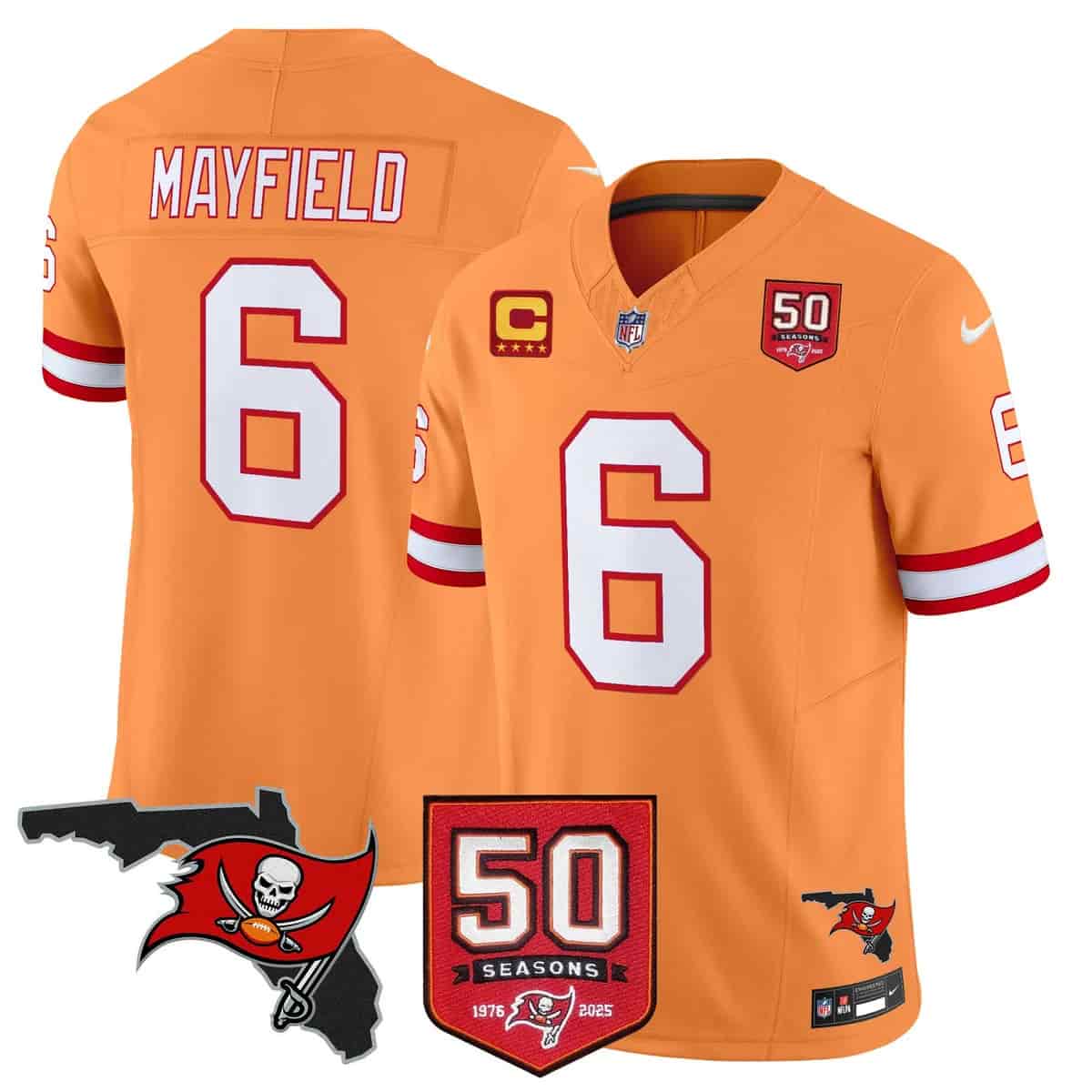 Personalized Men’s Tampa Bay Buccaneers Throwback 50th Season Patch Limited Jersey All Stitched Baker Mayfield #6