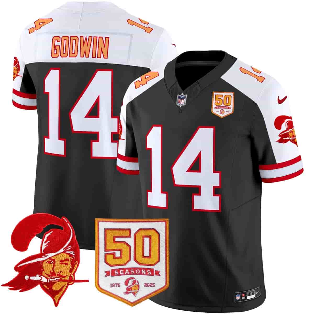 Personalized Men’s Tampa Bay Buccaneers Throwback 50th Season Patch Limited Jersey All Stitched Chris Godwin 14
