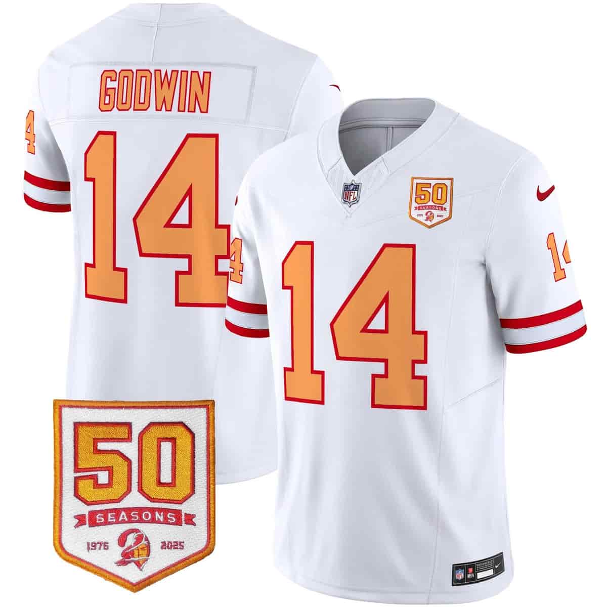 Personalized Men’s Tampa Bay Buccaneers Throwback 50th Season Patch Limited Jersey All Stitched Chris Godwin #14