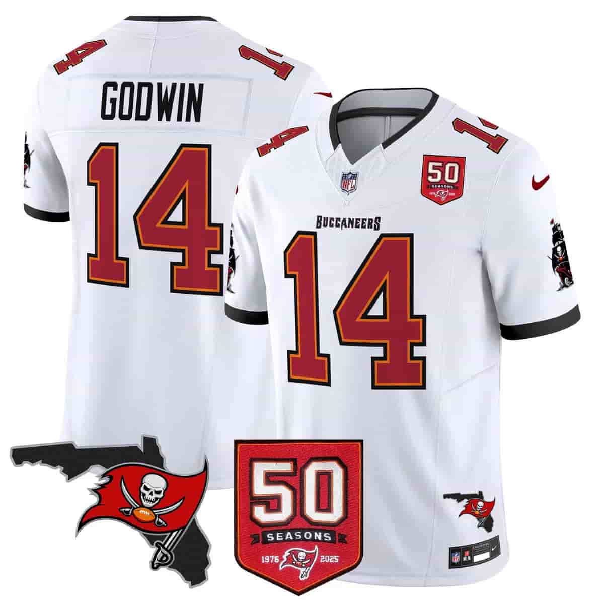 Personalized Men’s Tampa Bay Buccaneers Throwback 50th Season Patch Limited Jersey All Stitched Chris Godwin 14