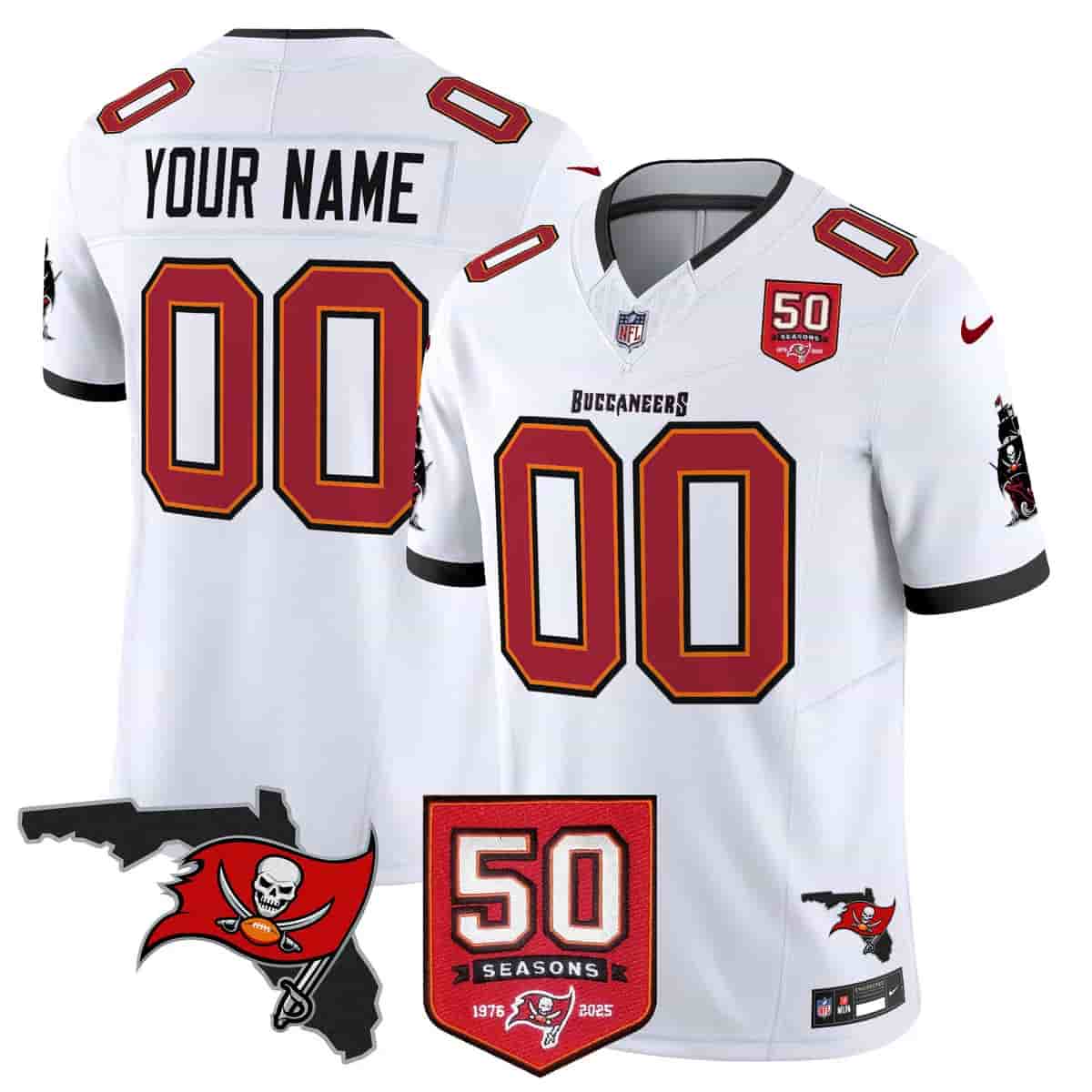 Personalized Tampa Bay Buccaneers Throwback 50th Season Patch Limited Jersey All Stitched White
