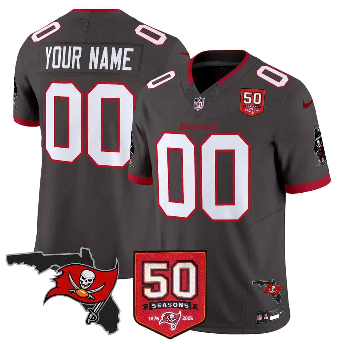 Personalized Tampa Bay Buccaneers Throwback 50th Season Patch Limited Jersey All Stitched Pewter