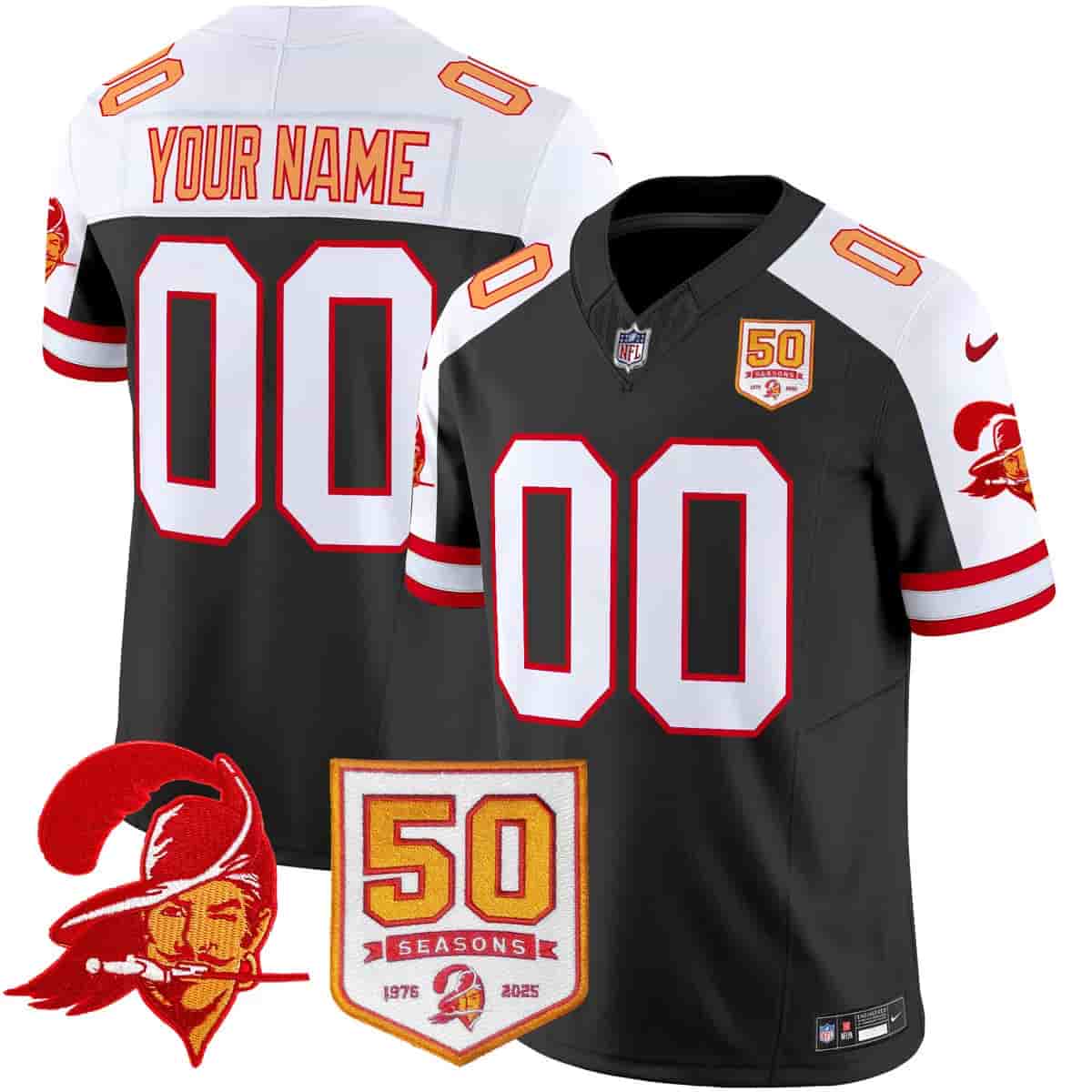 Personalized Tampa Bay Buccaneers Throwback 50th Season Patch Limited Jersey All Stitched Black Aternate