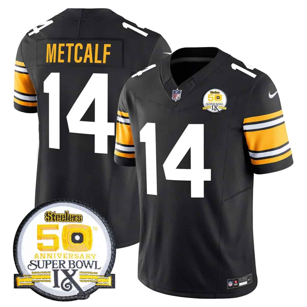 Personalized Men’s Pittsburgh Steelers 50th Anniversary Of Super Bowl IX Patch Limited Jersey All Stitched DK Metcalf