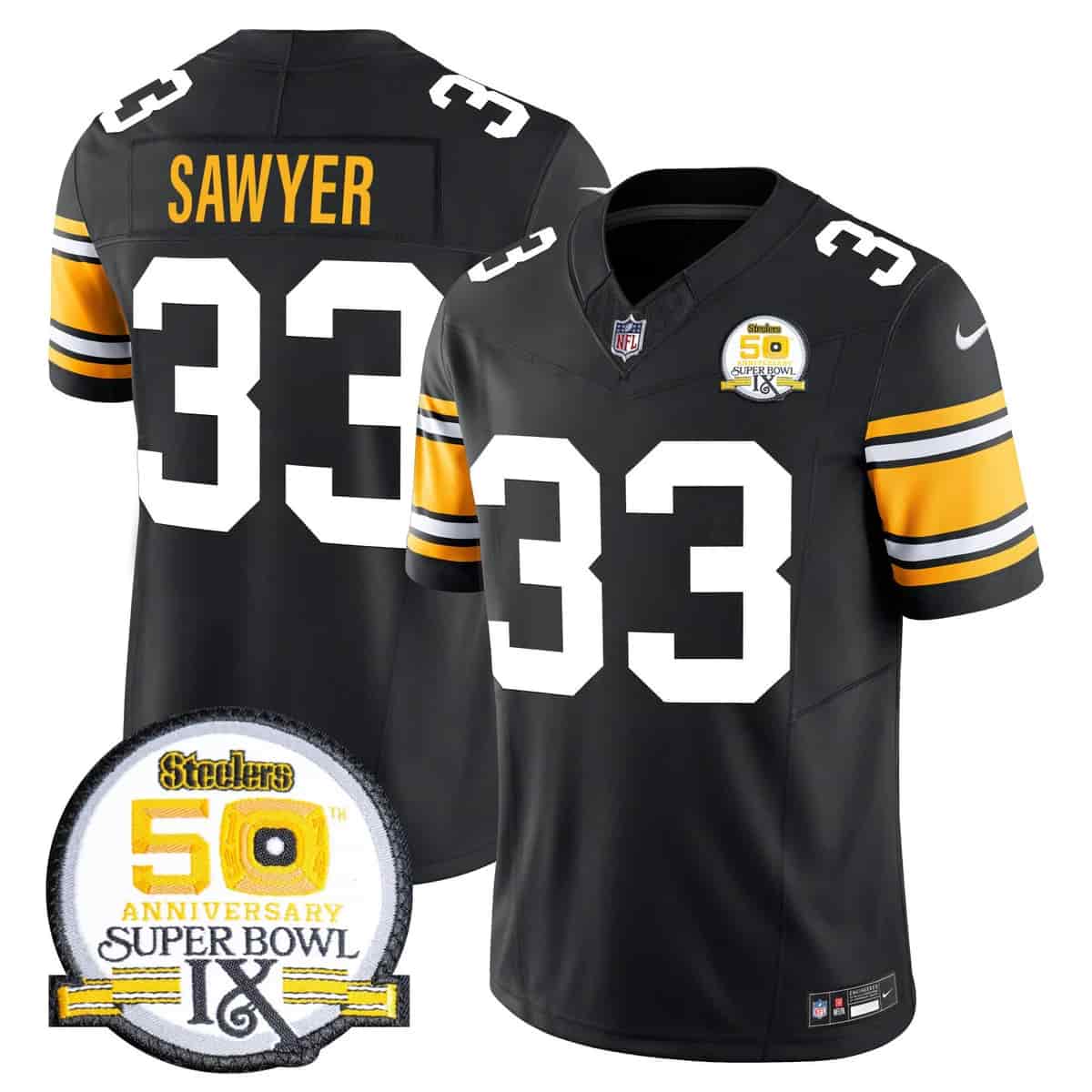 Personalized Men’s Pittsburgh Steelers 50th Anniversary Of Super Bowl IX Patch Limited Jersey All Stitched Jack Sawyer