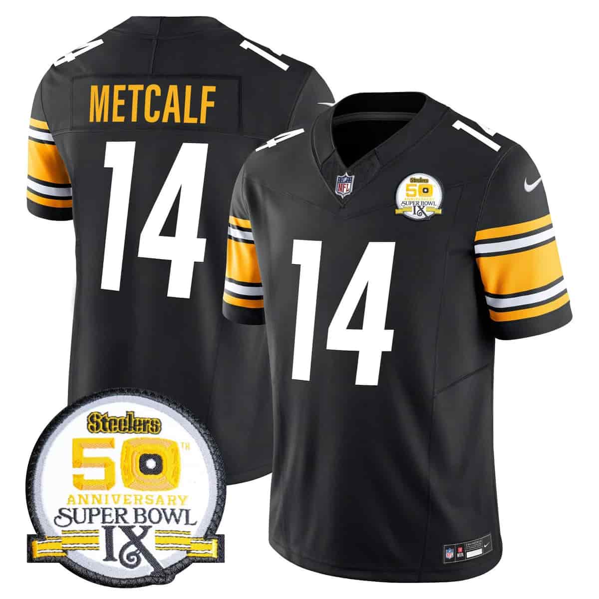 Personalized Men’s Pittsburgh Steelers 50th Anniversary Of Super Bowl IX Patch Limited Jersey All Stitched DK Metcalf #14