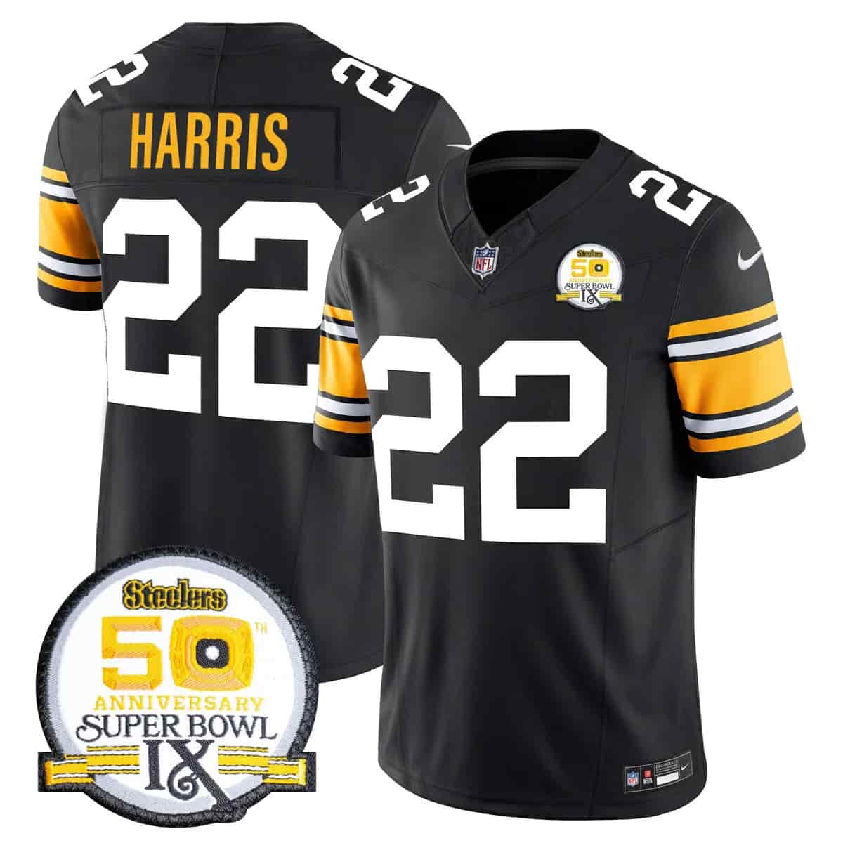 Personalized Men’s Pittsburgh Steelers 50th Anniversary Of Super Bowl IX Patch Limited Jersey All Stitched Najee Harris