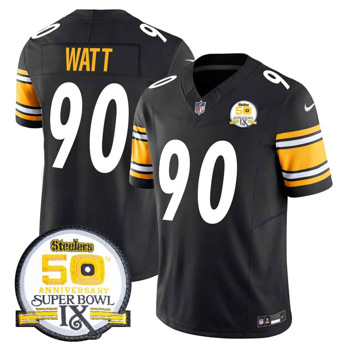 Personalized Men’s Pittsburgh Steelers 50th Anniversary Of Super Bowl IX Patch Limited Jersey All Stitched T. J. Watt 90