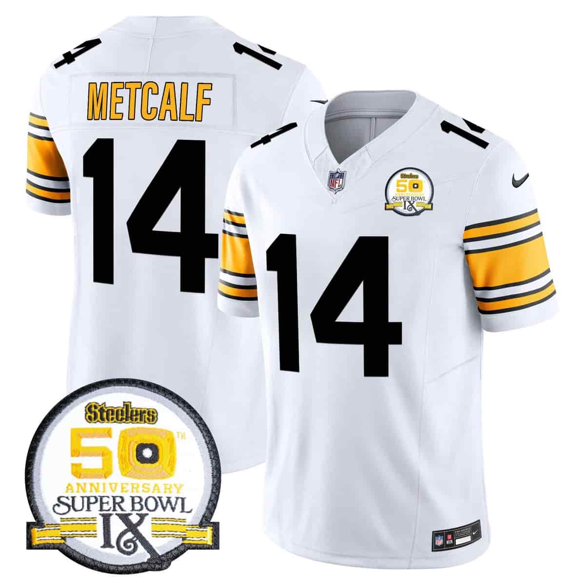 Personalized Men’s Pittsburgh Steelers 50th Anniversary Of Super Bowl IX Patch Limited Jersey All Stitched DK Metcalf #14