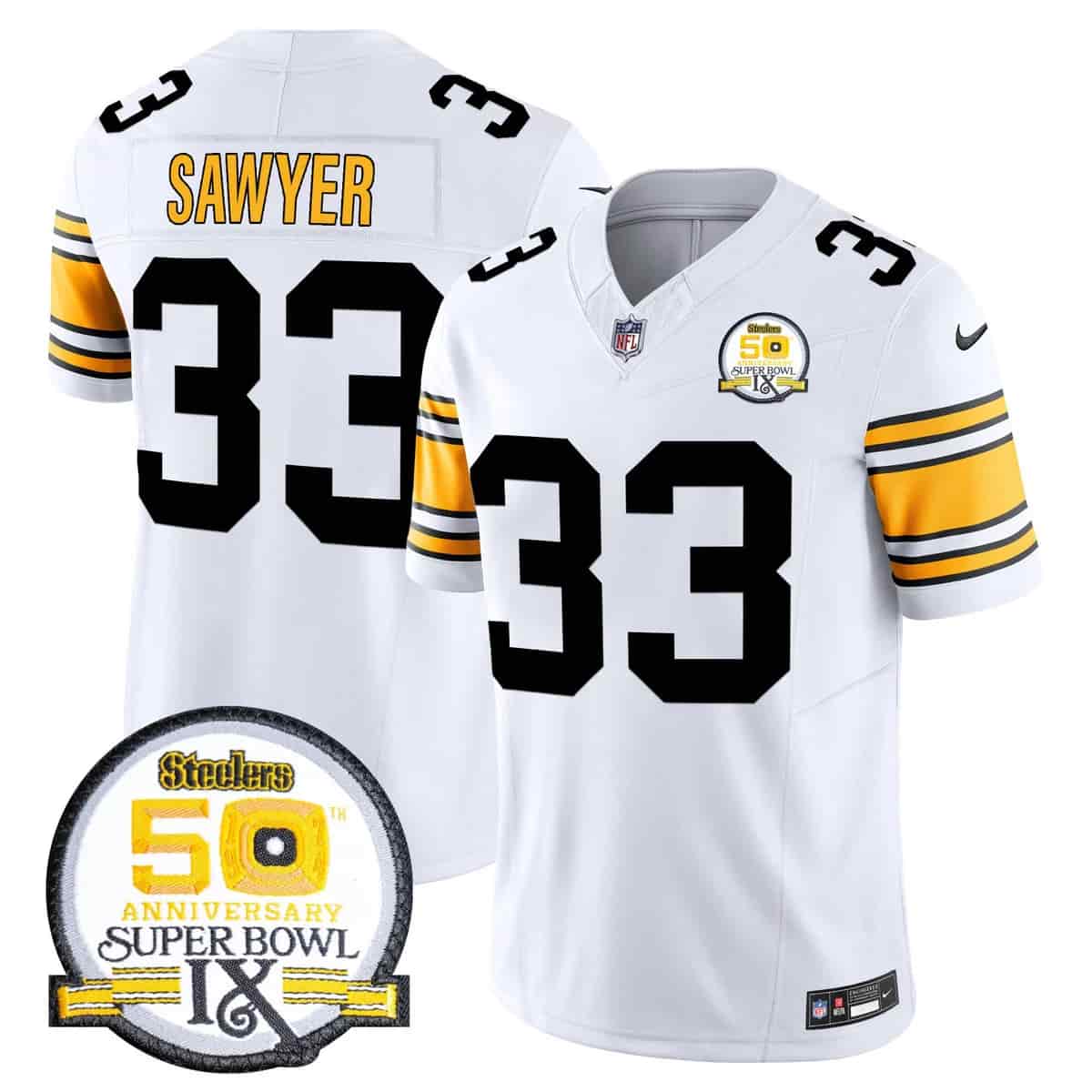 Personalized Men’s Pittsburgh Steelers 50th Anniversary Of Super Bowl IX Patch Limited Jersey All Stitched Jack Sawyer #33