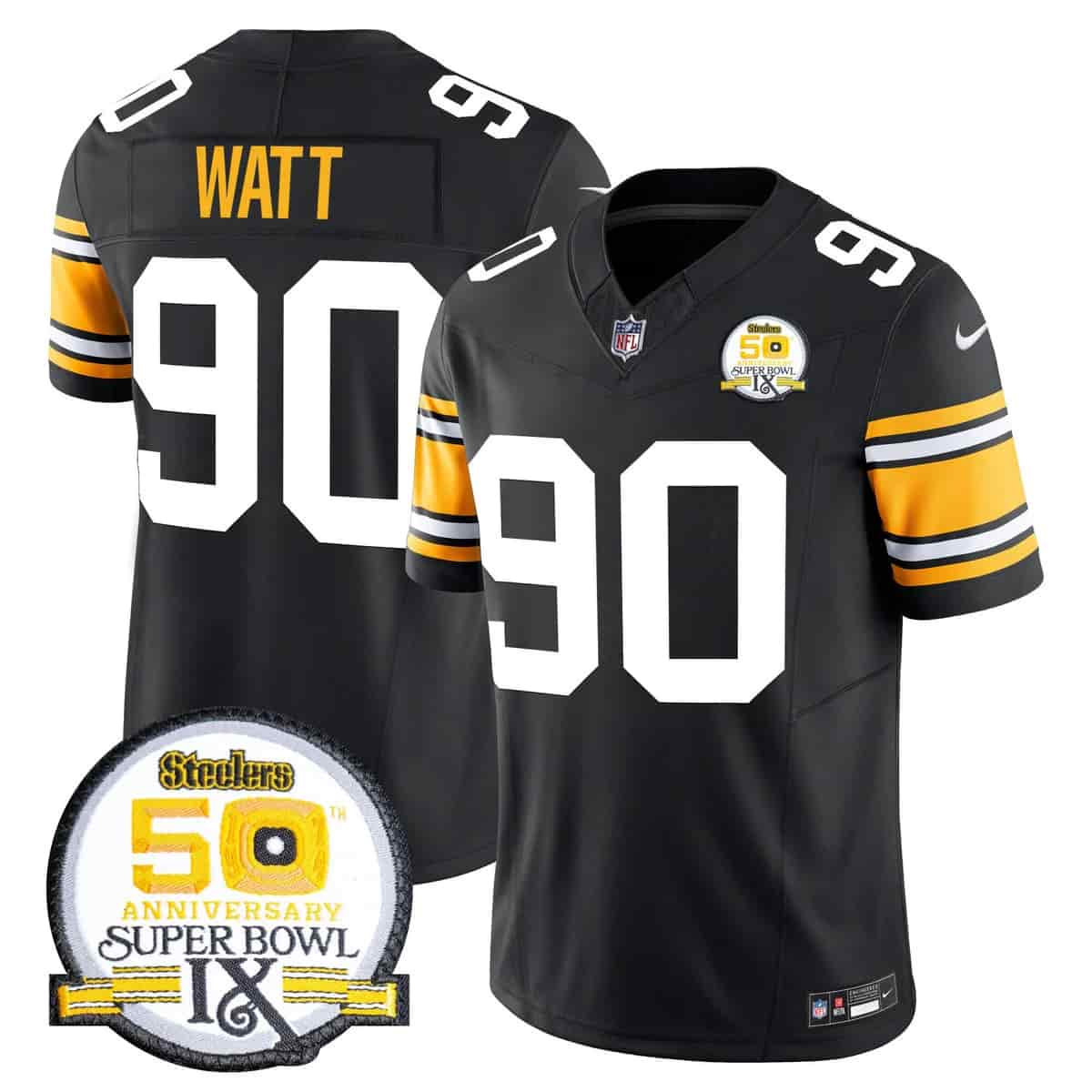 Personalized Men’s Pittsburgh Steelers 50th Anniversary Of Super Bowl IX Patch Limited Jersey All Stitched T. J. Watt 90