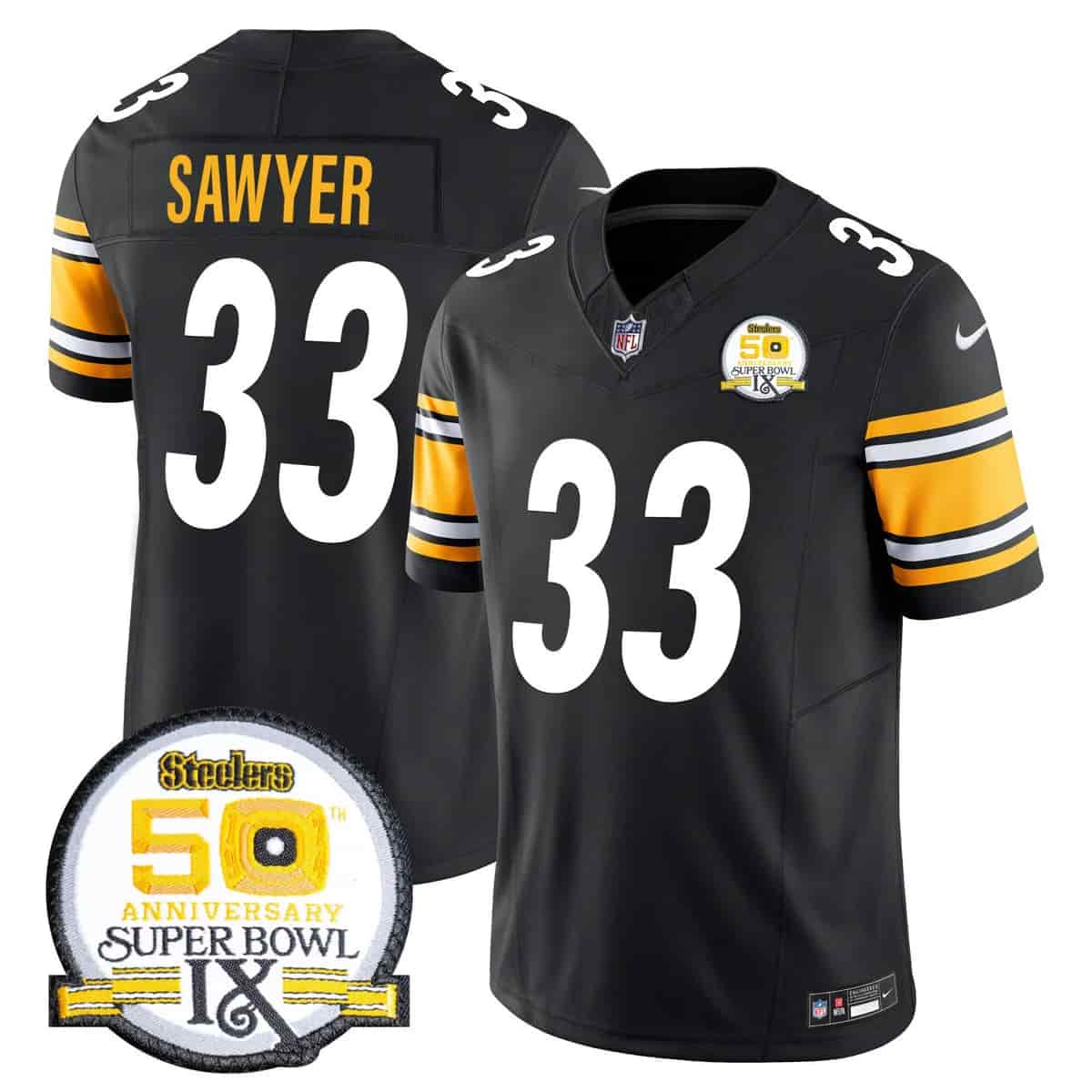 Personalized Men’s Pittsburgh Steelers 50th Anniversary Of Super Bowl IX Patch Limited Jersey All Stitched Jack Sawyer 33