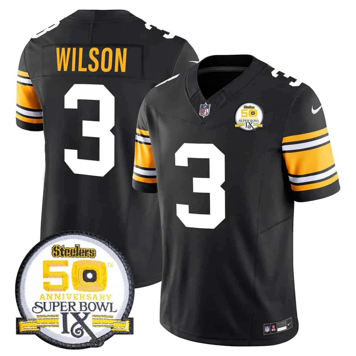 Personalized Men’s Pittsburgh Steelers 50th Anniversary Of Super Bowl IX Patch Limited Jersey All Stitched Russell Wilson