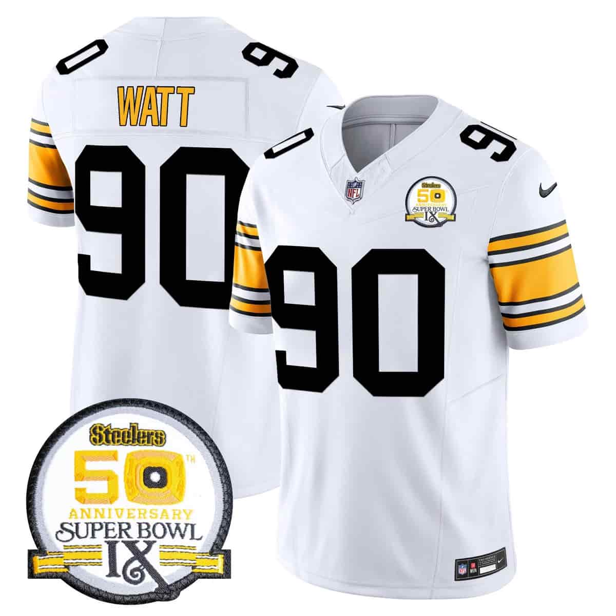 Personalized Men’s Pittsburgh Steelers 50th Anniversary Of Super Bowl IX Patch Limited Jersey All Stitched T. J. Watt 90