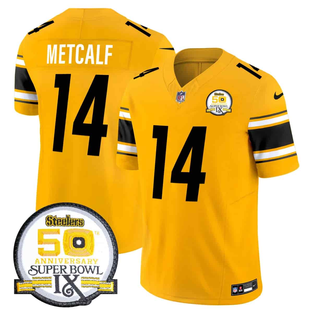 Personalized Men’s Pittsburgh Steelers 50th Anniversary Of Super Bowl IX Patch Limited Jersey All Stitched DK Metcalf 14