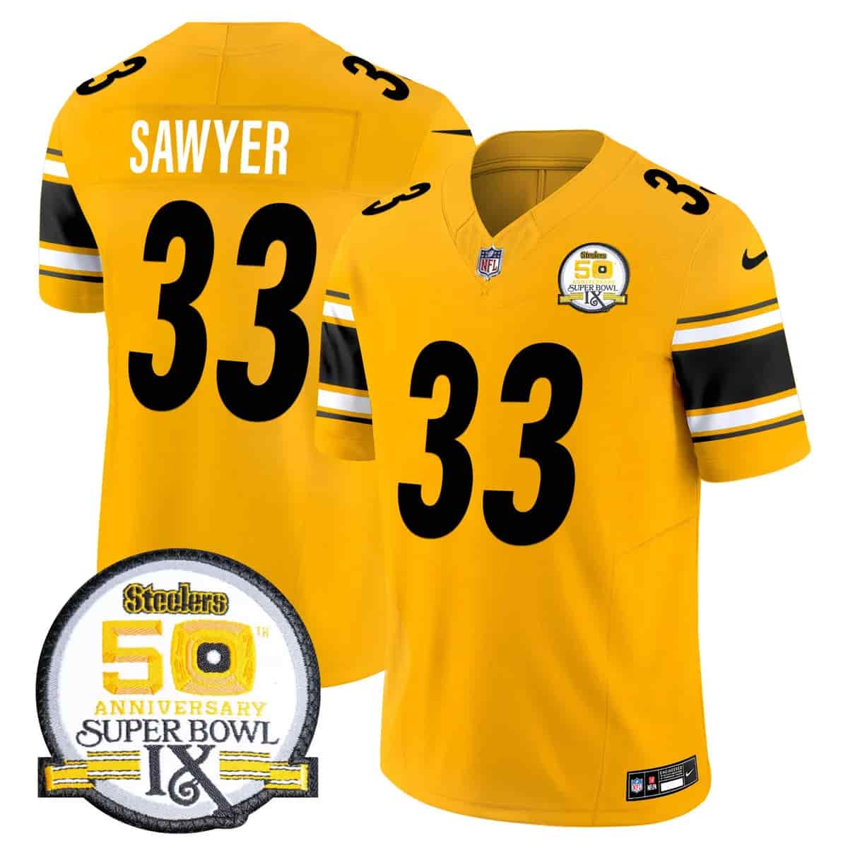 Personalized Men’s Pittsburgh Steelers 50th Anniversary Of Super Bowl IX Patch Limited Jersey All Stitched Jack Sawyer 33