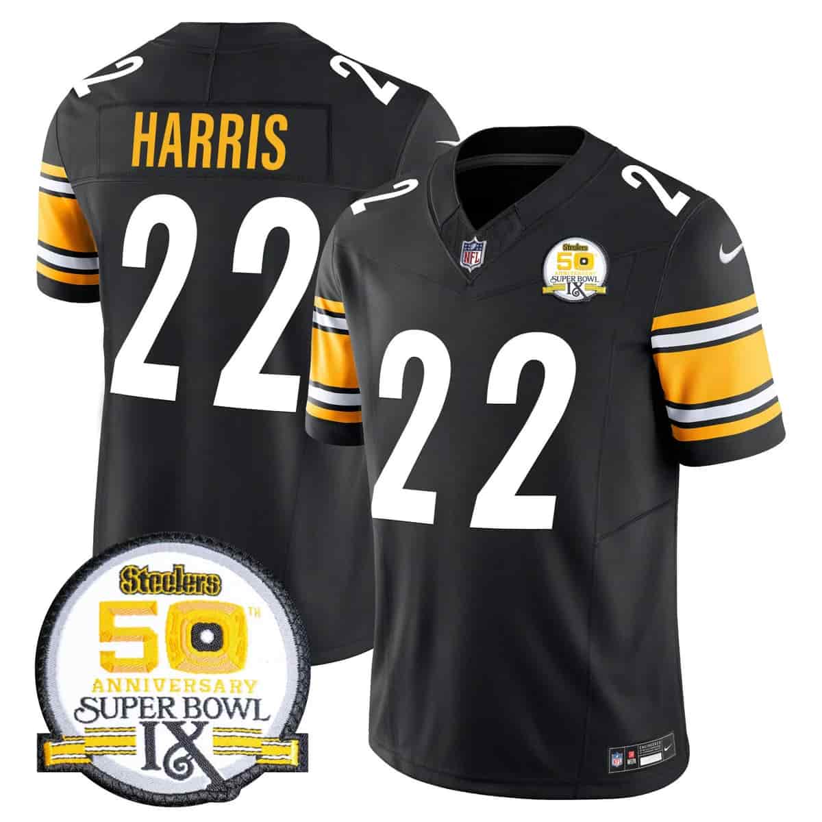 Personalized Men’s Pittsburgh Steelers 50th Anniversary Of Super Bowl IX Patch Limited Jersey All Stitched Najee Harris #22