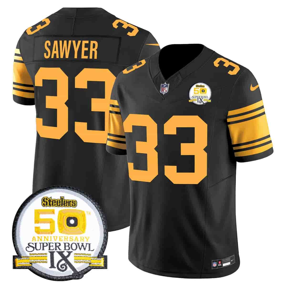 Personalized Men’s Pittsburgh Steelers 50th Anniversary Of Super Bowl IX Patch Limited Jersey All Stitched Jack Sawyer 33