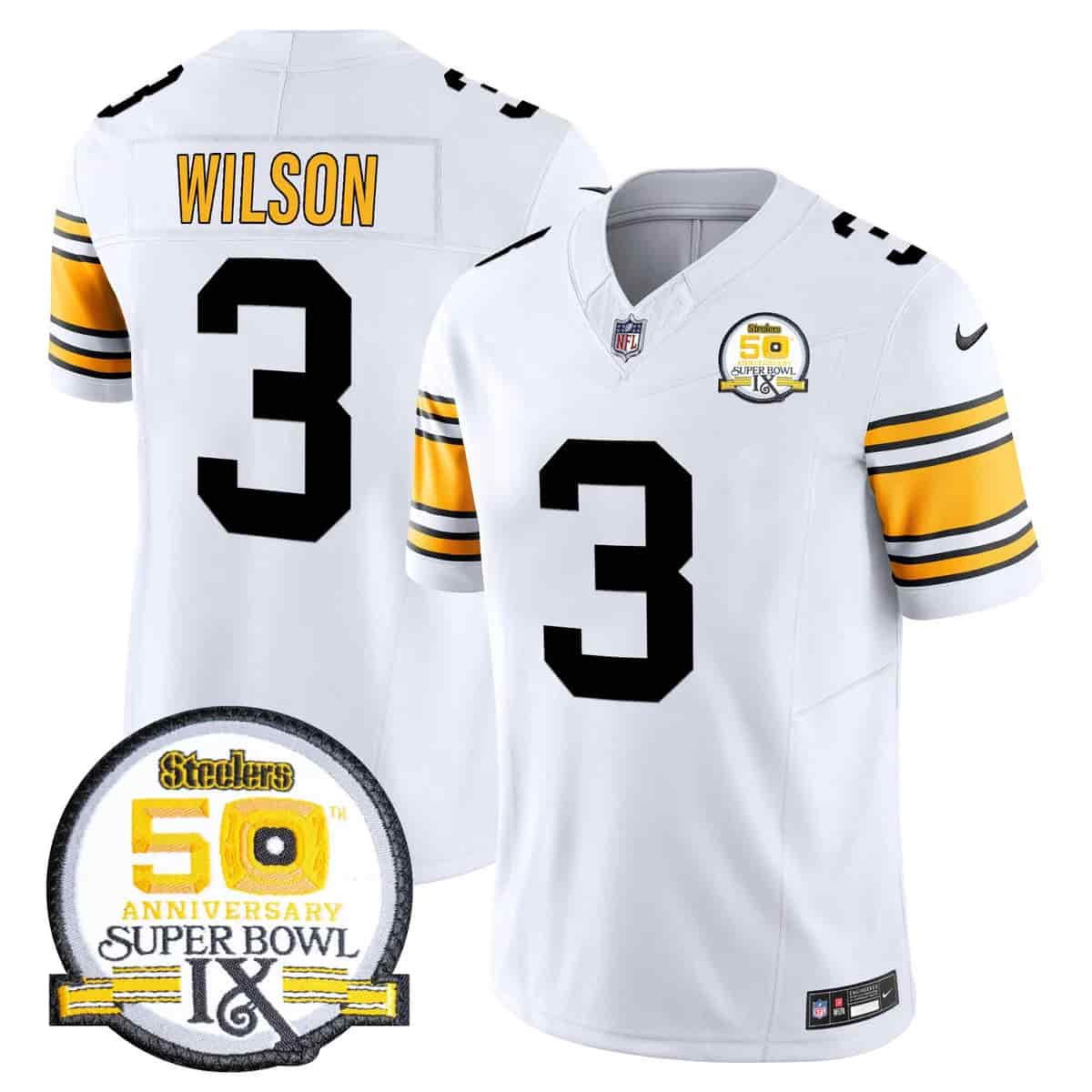 Personalized Men’s Pittsburgh Steelers 50th Anniversary Of Super Bowl IX Patch Limited Jersey All Stitched Russell Wilson 3